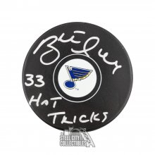 Brett Hull 33 Hat Tricks Autographed St Louis Blues Hockey Puck - BAS COA