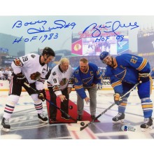 Brett Hull and Bobby Hull "HOF 09, HOF 1983" Autographed 8x10 Photo - BAS COA (Puck Drop, Blue Ink)