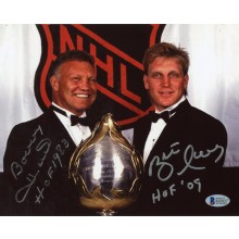 Brett Hull and Bobby Hull "HOF 09, HOF 1983" Autographed 8x10 Photo - BAS COA (Tuxedo)