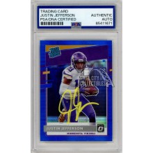 Justin Jefferson 2020 Panini Donruss Optic Blue Hyper Autograph Rookie Card #163 PSA/DNA Yellow (New Label)