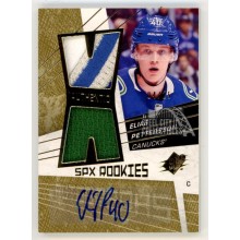 Elias Pettersson 2018-19 Upper Deck SPX Autograph Dual Patch Rookie Card 04/25