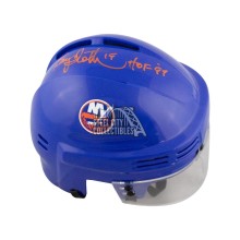 Bryan Trottier HOF 97 Autographed New York Islanders Mini Hockey Helmet - BAS COA (Orange Ink)