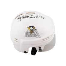 Bryan Trottier HOF 97 Autographed Pittsburgh Penguins White Mini Hockey Helmet - BAS COA