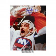 Bryan Trottier Stats Autographed New York Islanders 16x20 Photo BAS (3 Inscrip)