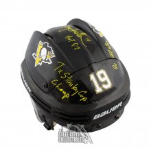 Bryan Trottier Stats Autographed Pittsburgh Penguins Black Hockey Helmet - BAS COA