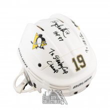 Bryan Trottier Stats Autographed Pittsburgh Penguins White Hockey Helmet - BAS COA