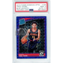 Trae Young 2018-19 Donruss Optic Blue Velocity Autograph Rookie Card #198 PSA 9 PSA/DNA 10